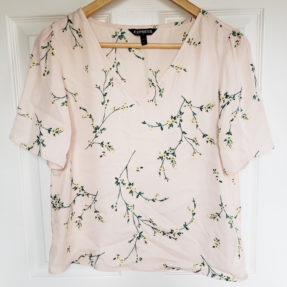 Express Pale Pink Floral V-Neck Short Sleeve Blouse